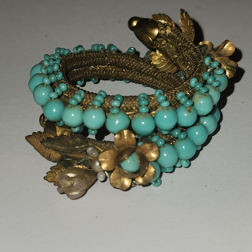Miriam HASKELL Turquoise Art Glass Coil Wrap Bracelet Not Signed As Is